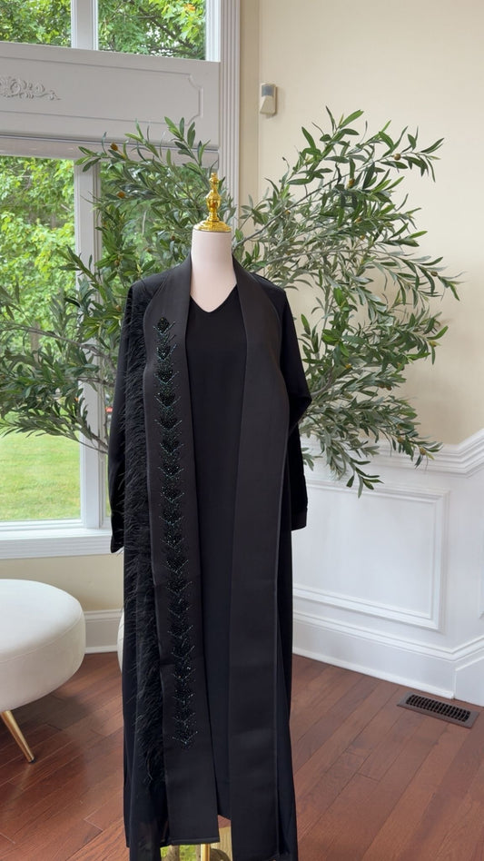 Black Elegance Abaya – Feathered Grace & Beaded Detail