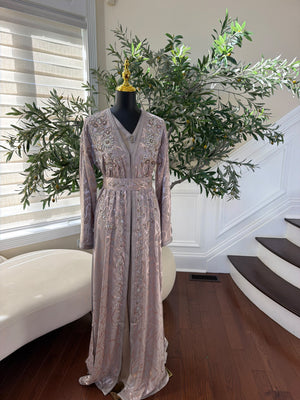 Elegant Mauve Embroidered Kaftan with Silver Beadwork