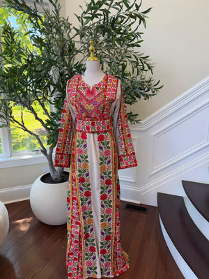 Beige Embroidery Embellished Tatreez Floral Sabal Kharaz Thobe