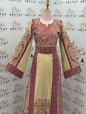 Beige & Pink Palestinian Embroidered Thobe – Classic Tatreez Heritage Dress A09042025
