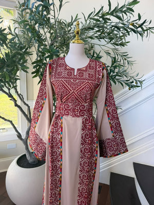 Elegant Blush Pink & Burgundy Embroidered Palestinian Thobe Dress