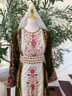 Elegant Olive Green Velvet Thobe with Pink Floral Embroidery(scarf not included)