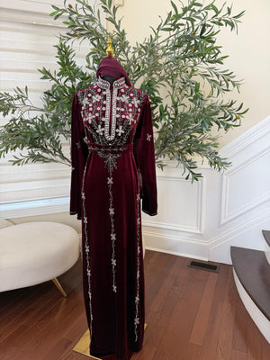 Burgundy Red Crystal Velvet Detailing Abaya