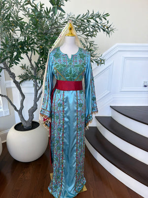 Elegant Sky Blue Satin Thobe with Intricate Green and Pink Floral Embroidery, Burgundy Belt(scarf not included)