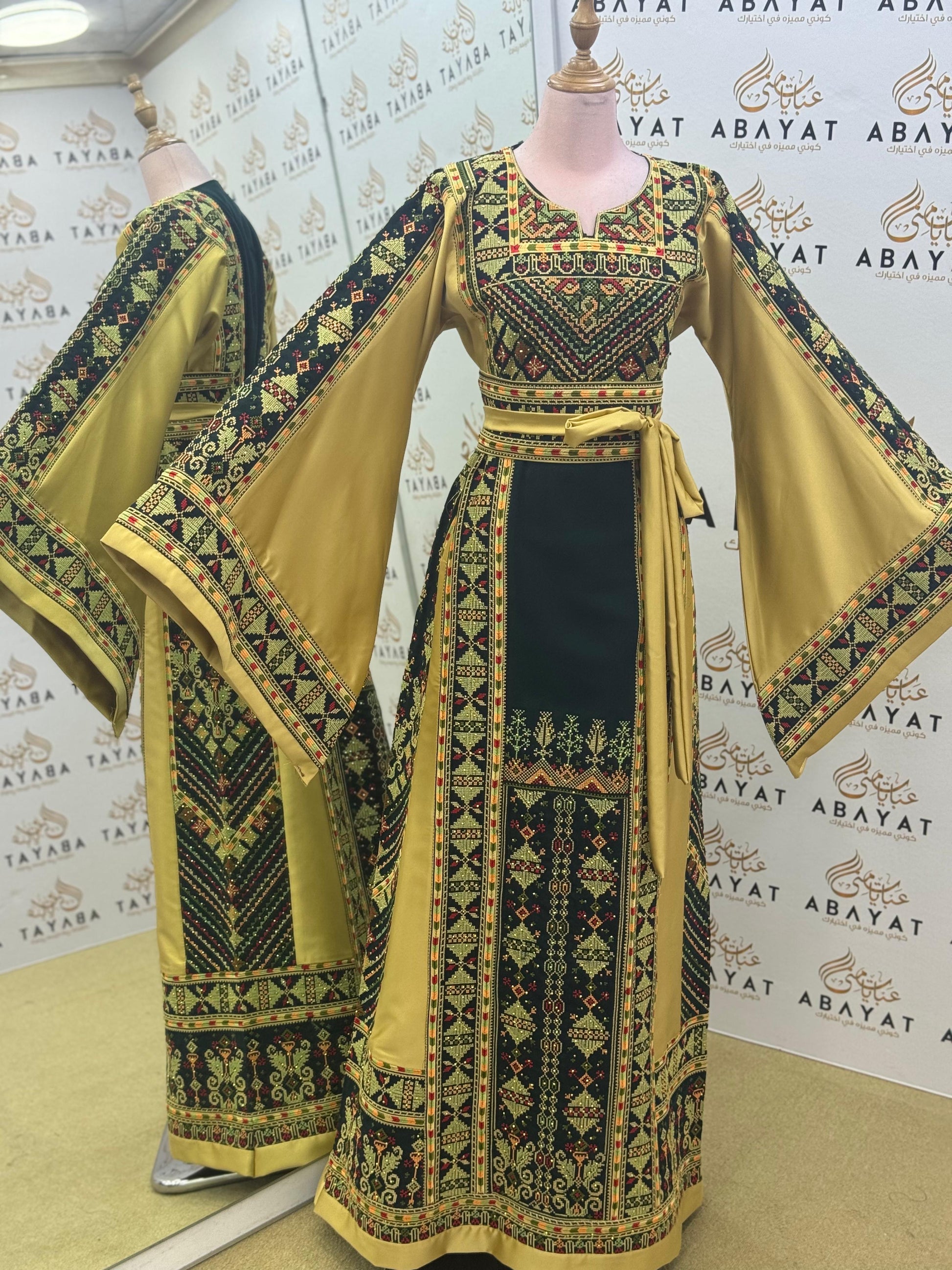 Luxury Palestinian Embroidered Thobe – Mustard Gold Traditional Design
