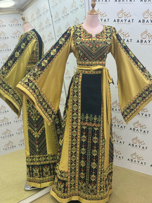 Luxury Palestinian Embroidered Thobe – Mustard Gold Traditional Design
