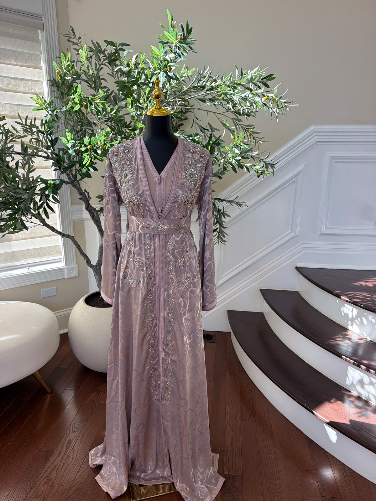 Elegant Dusty Rose Embroidered Moroccan Kaftan