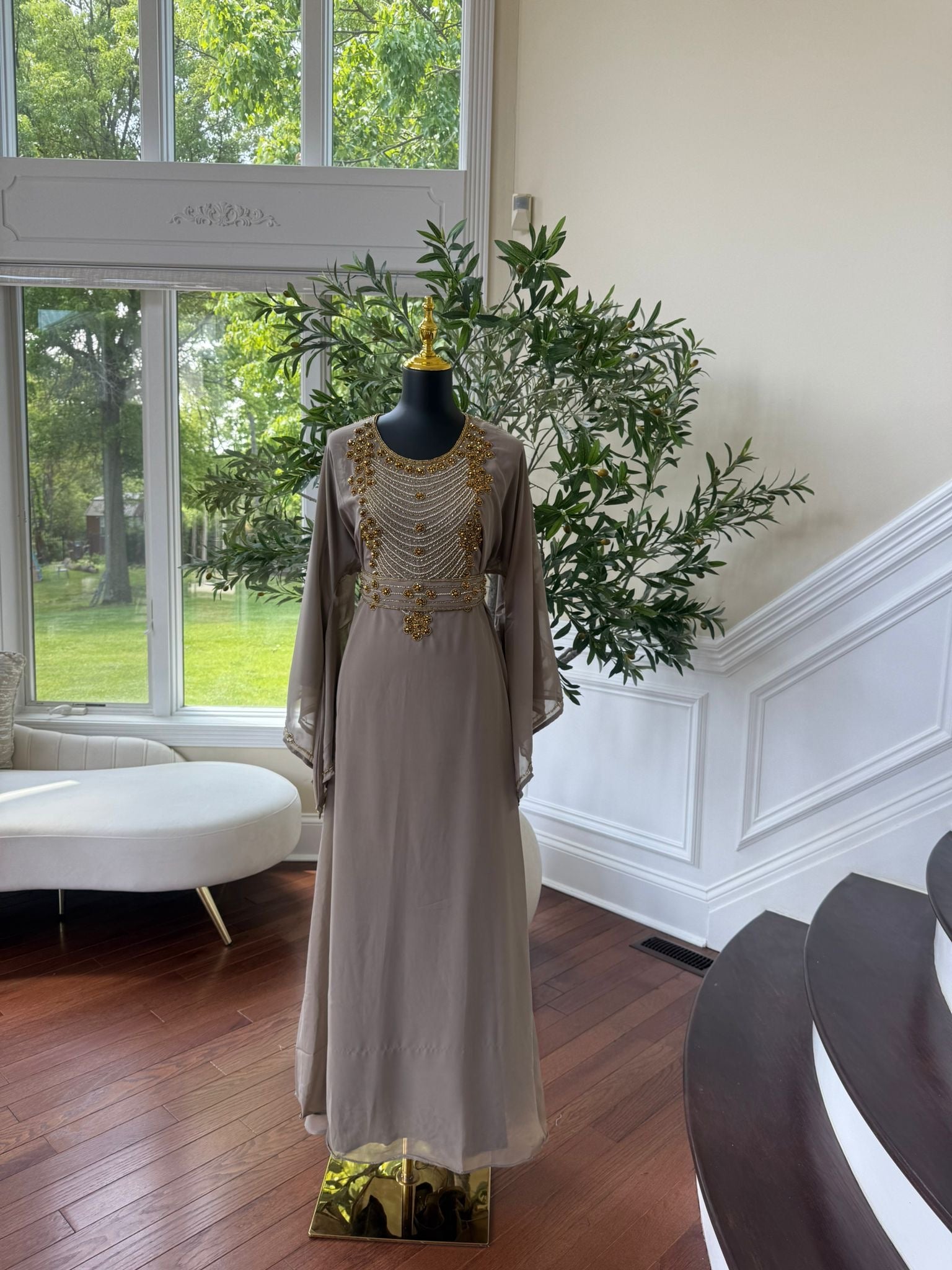 Taupe Beaded Kuftan Maxi Dress