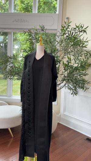 Black Elegance Abaya – Feathered Grace & Beaded Detail