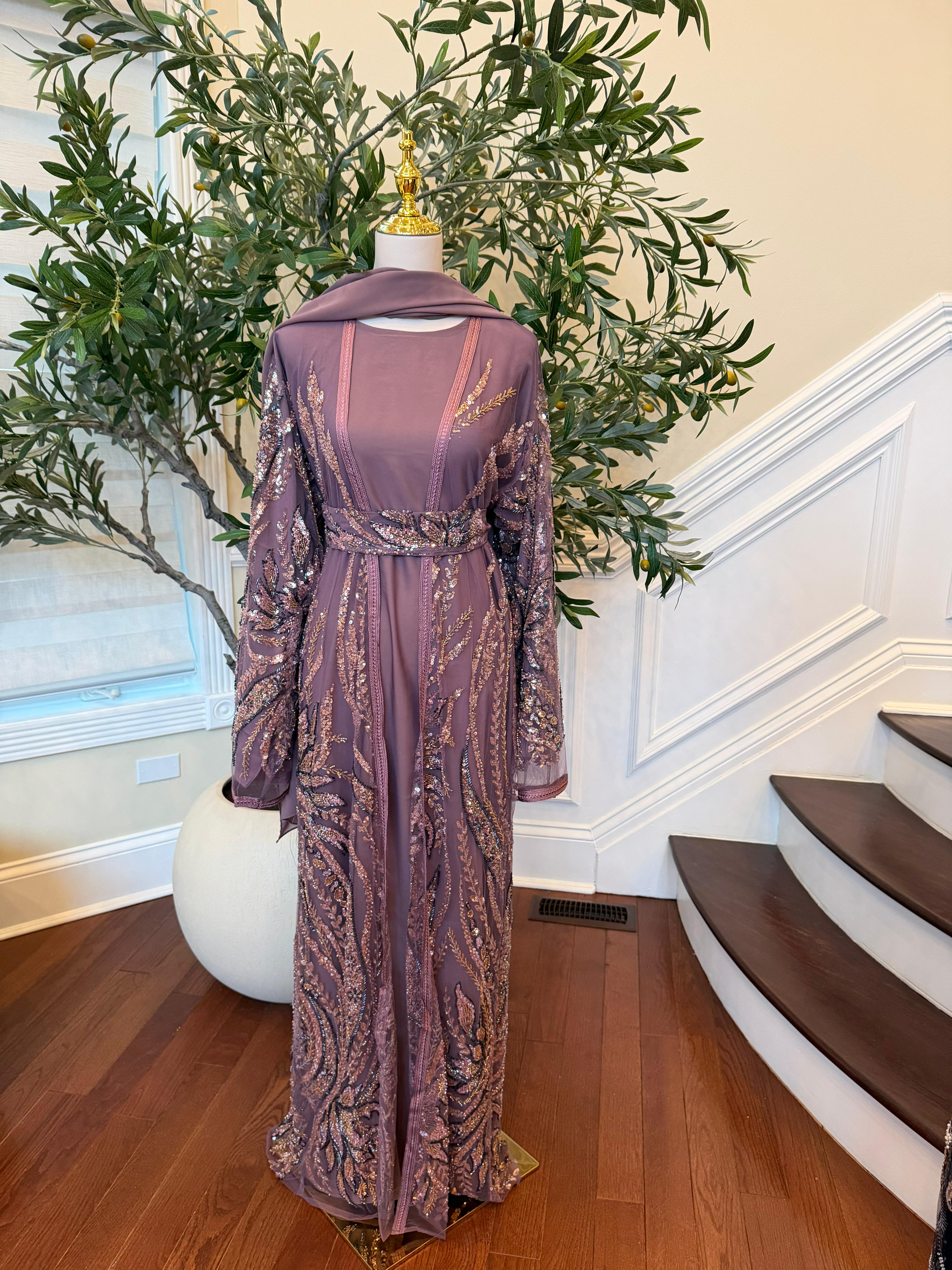 Rose Pink Sequin Two Piece Abaya