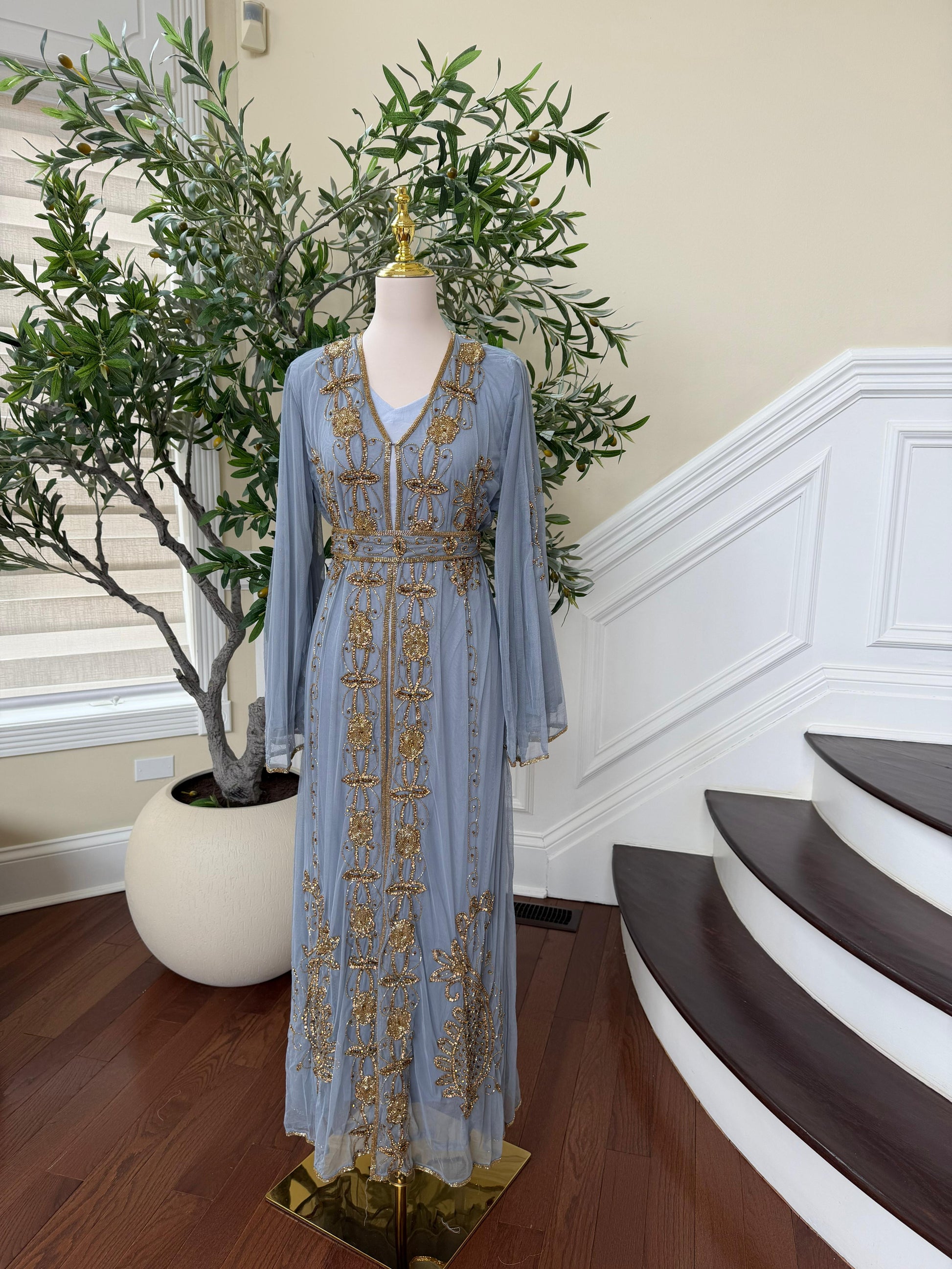 Baby Blue Golden Stone Cardigan Abaya