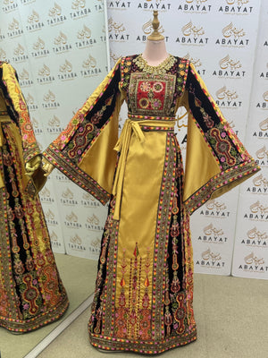 Premium Palestinian Malakah Thobe – Gold Satin & Black Velvet Embroidery