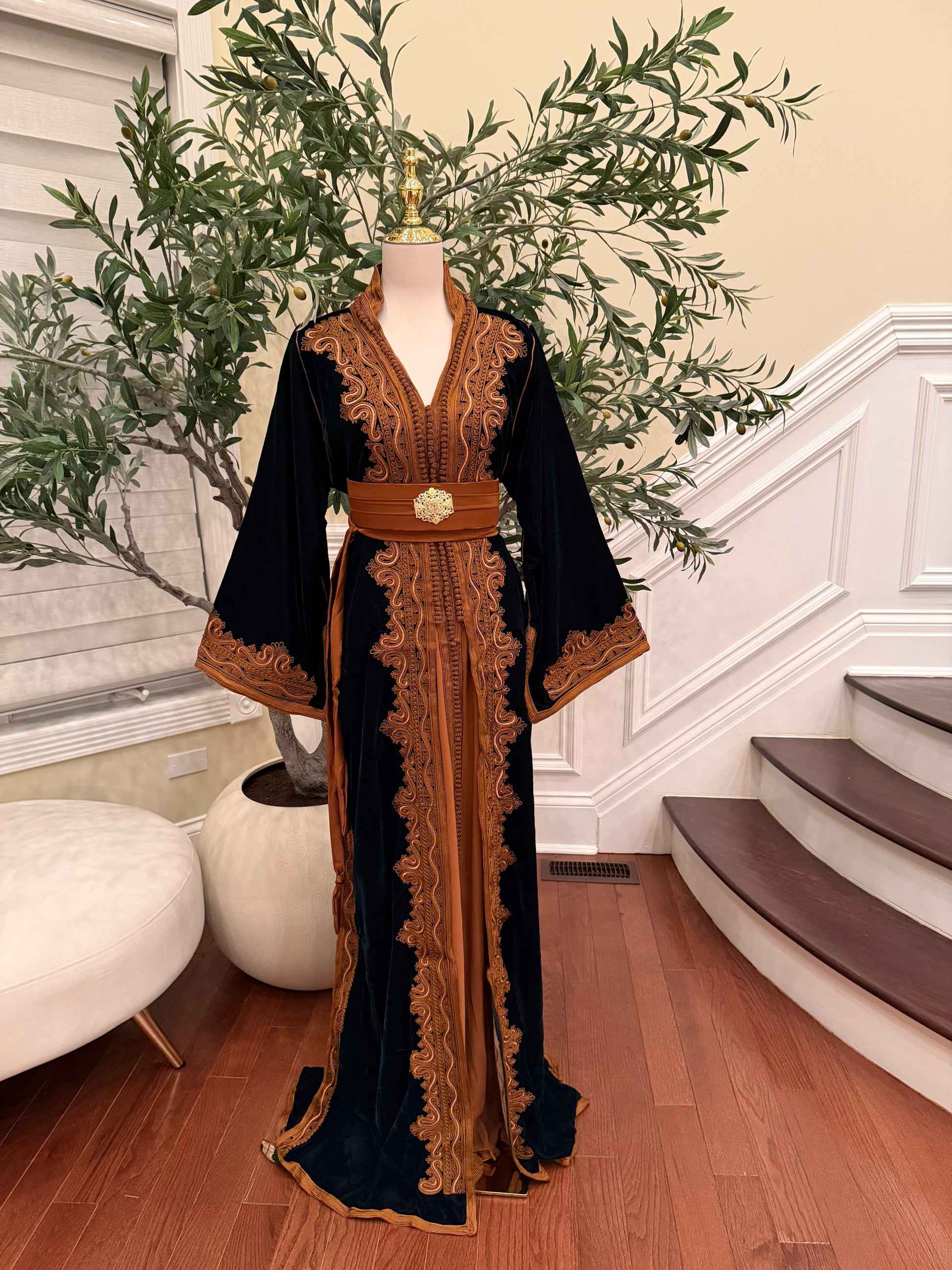 Forest Emerald Green Whisper Velvet Kuftan Brown Embroidery