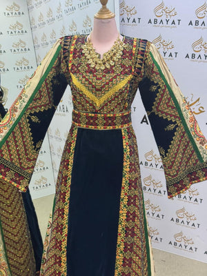 Premium Palestinian Velvet Thobe – Black & Olive Green Embroidery