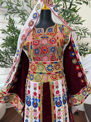 Velvet Maroon and White Traditional Tatreez Sabal Kharaz Detail Thobe