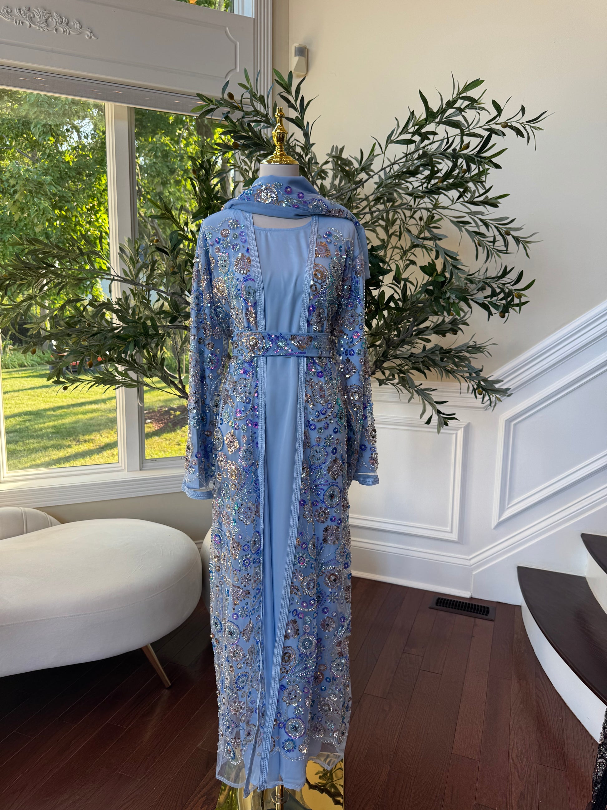 Baby Blue Floral Sequin Essence Abaya