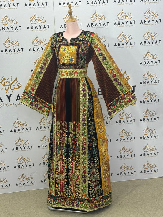Jana & Nar Velvet Thobe – Golden Palestinian Tatreez Design