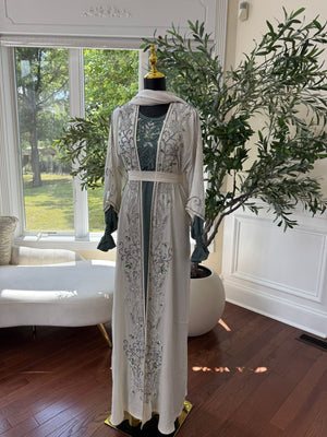 White Two Piece Beaded Abaya