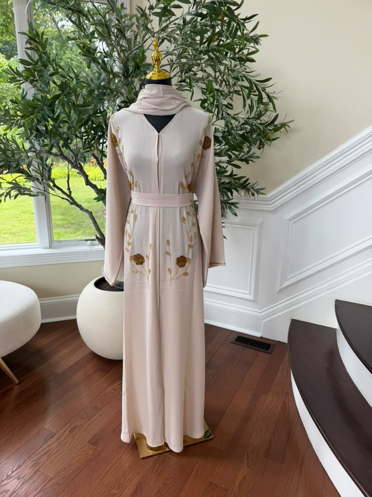 Cream Golden Floral Abaya