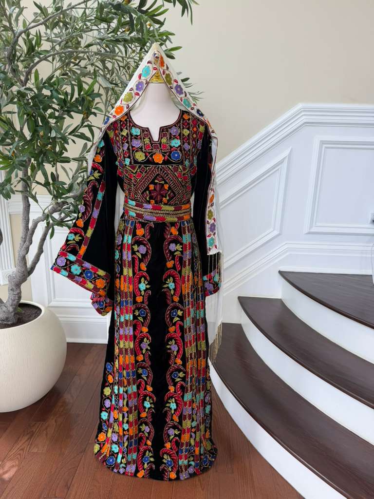Luxury Bridal Palestinian Thobe with Embroidery Tatreez, Hand Beading & Detachable Overskirt on Rich Velvet Fabric
