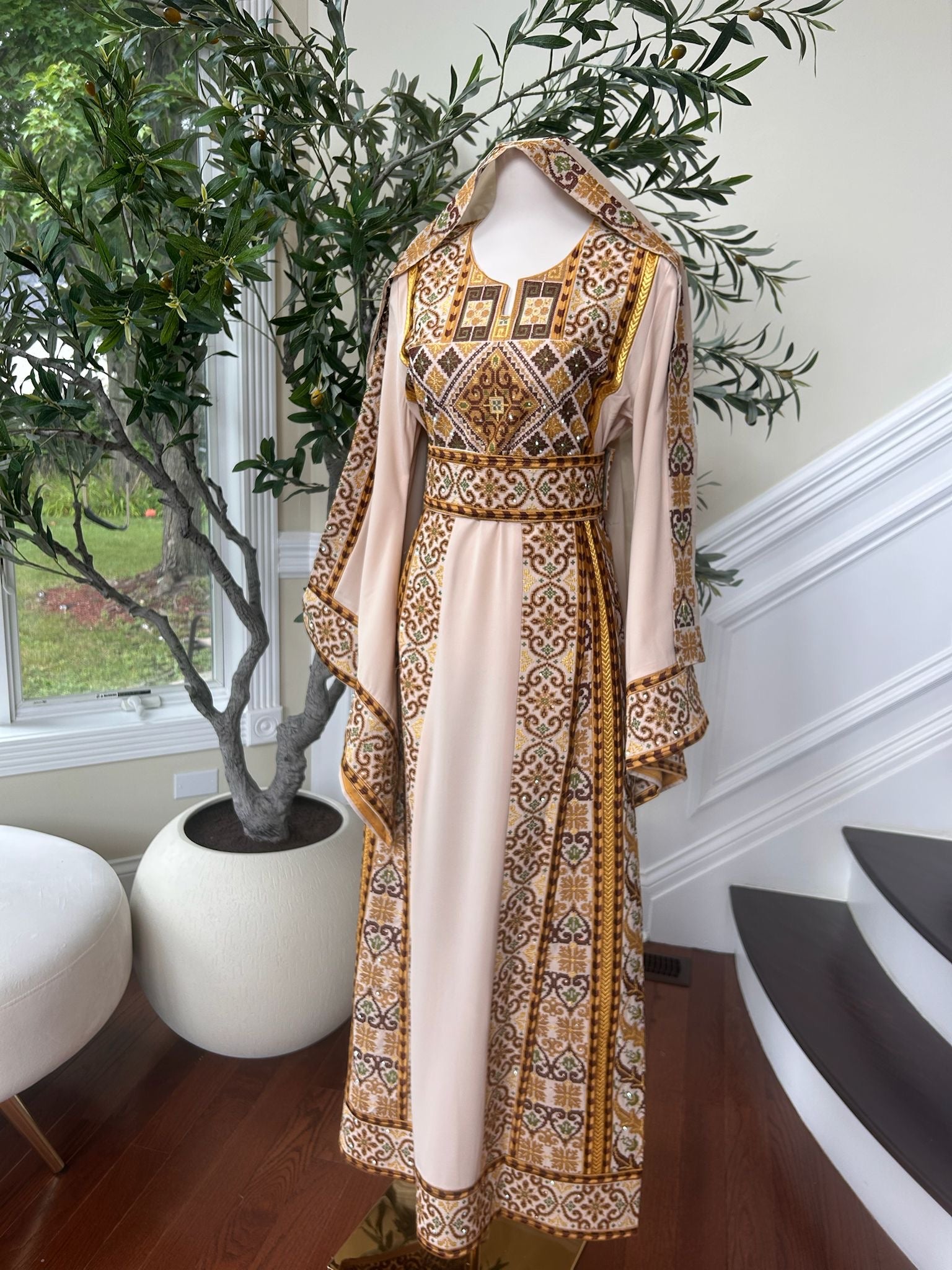 Tan Elegance Embroidery Tatreez Golden Detail Thobe