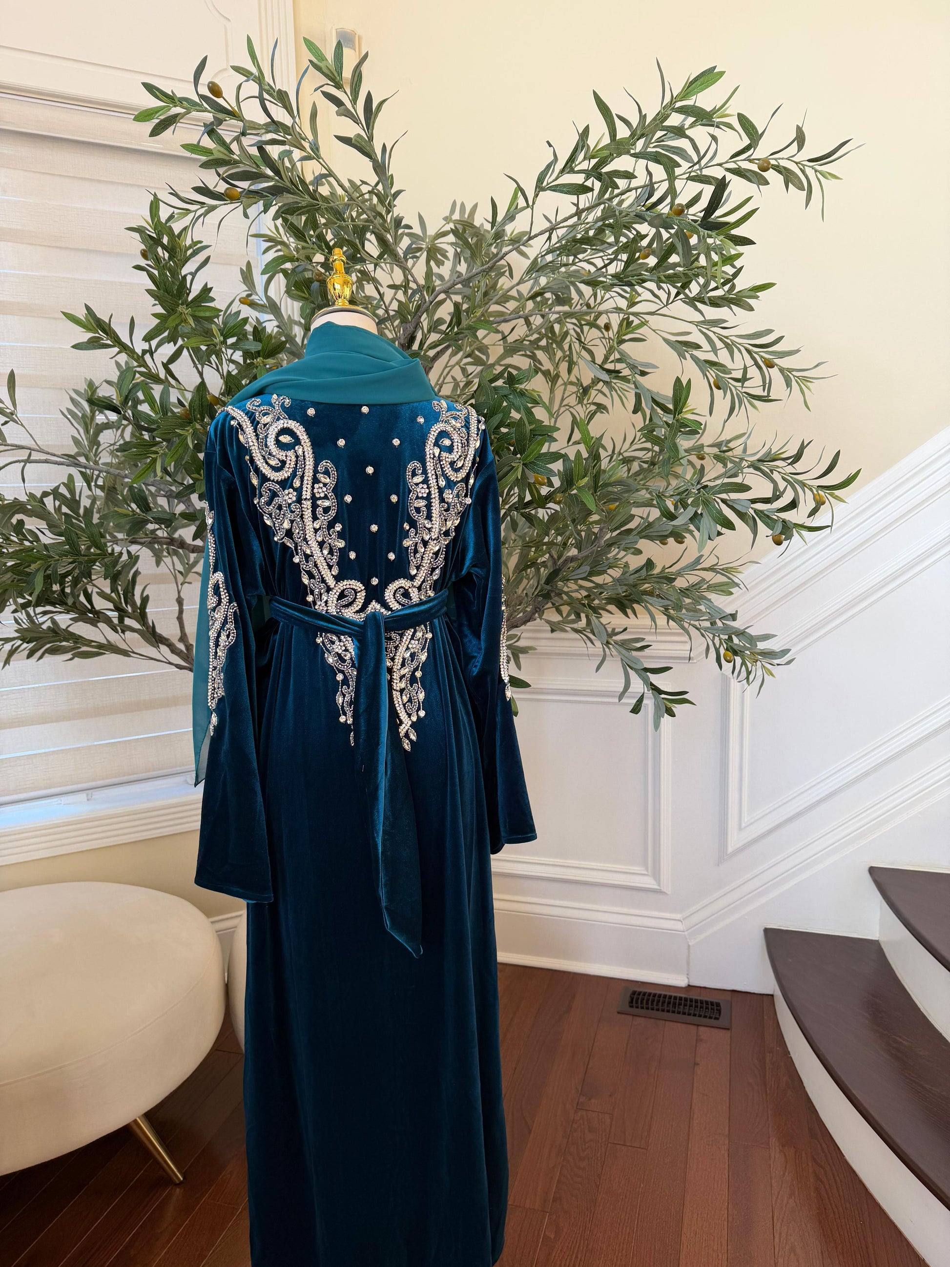 Turquoise Velvet Stone Beaded Abaya