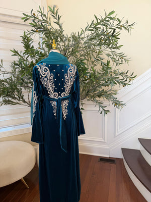 Turquoise Velvet Stone Beaded Abaya