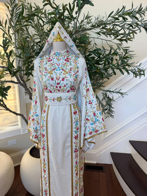 Elegant White Floral Embroidered Palestinian Thobe with Gold Detailing(scarf not included)
