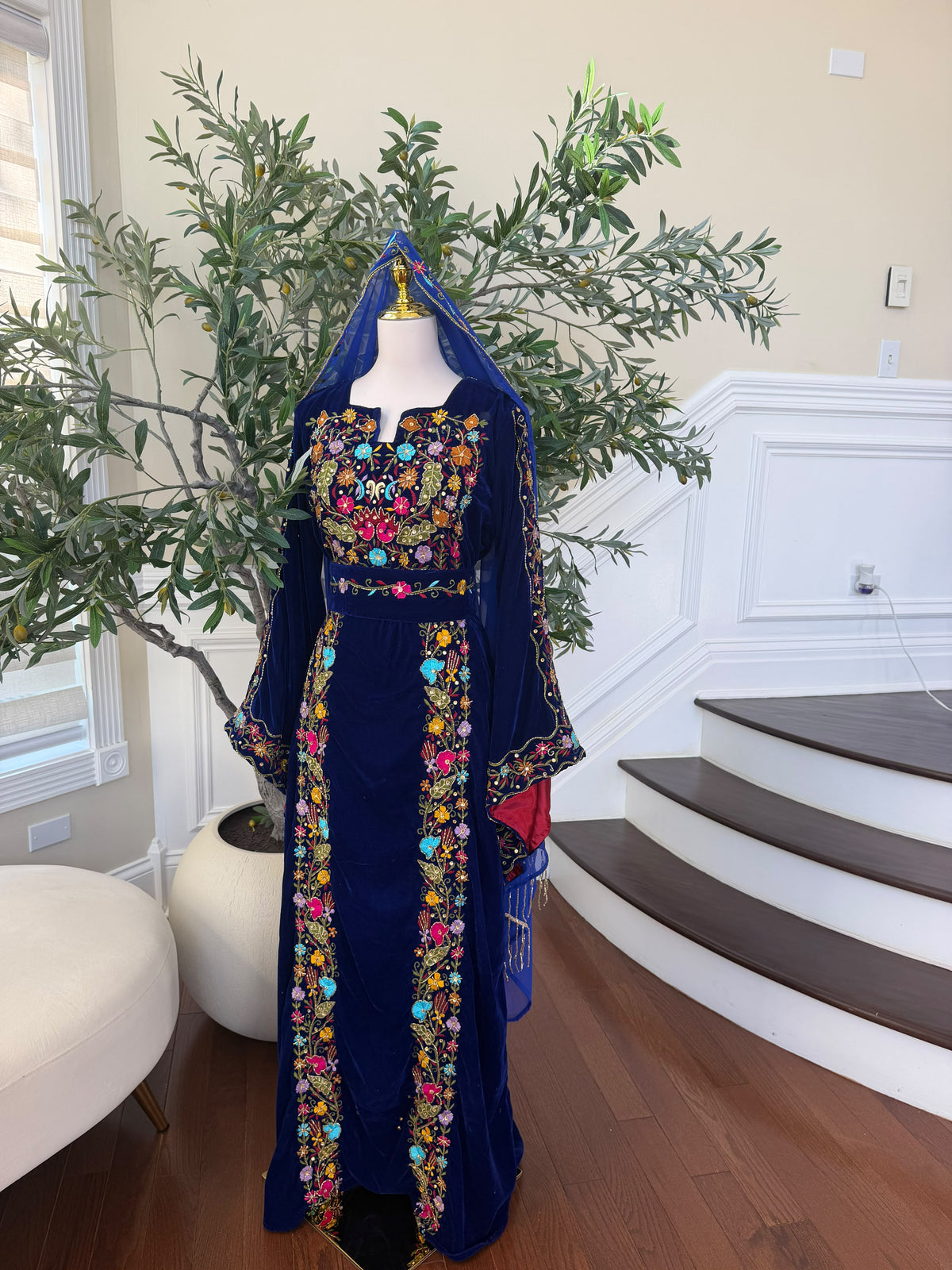 Midnight Blue Velvet Thobe with Intricate Multicolor Embroidery(scarf not included)
