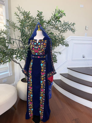 Midnight Blue Velvet Thobe with Intricate Multicolor Embroidery(scarf not included)