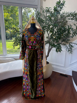 Elegant Olive Green Velvet Thobe with Vibrant Floral Embroidery