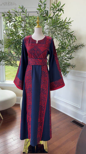 Navy Elegance with Traditional Red Embroidery Thobe