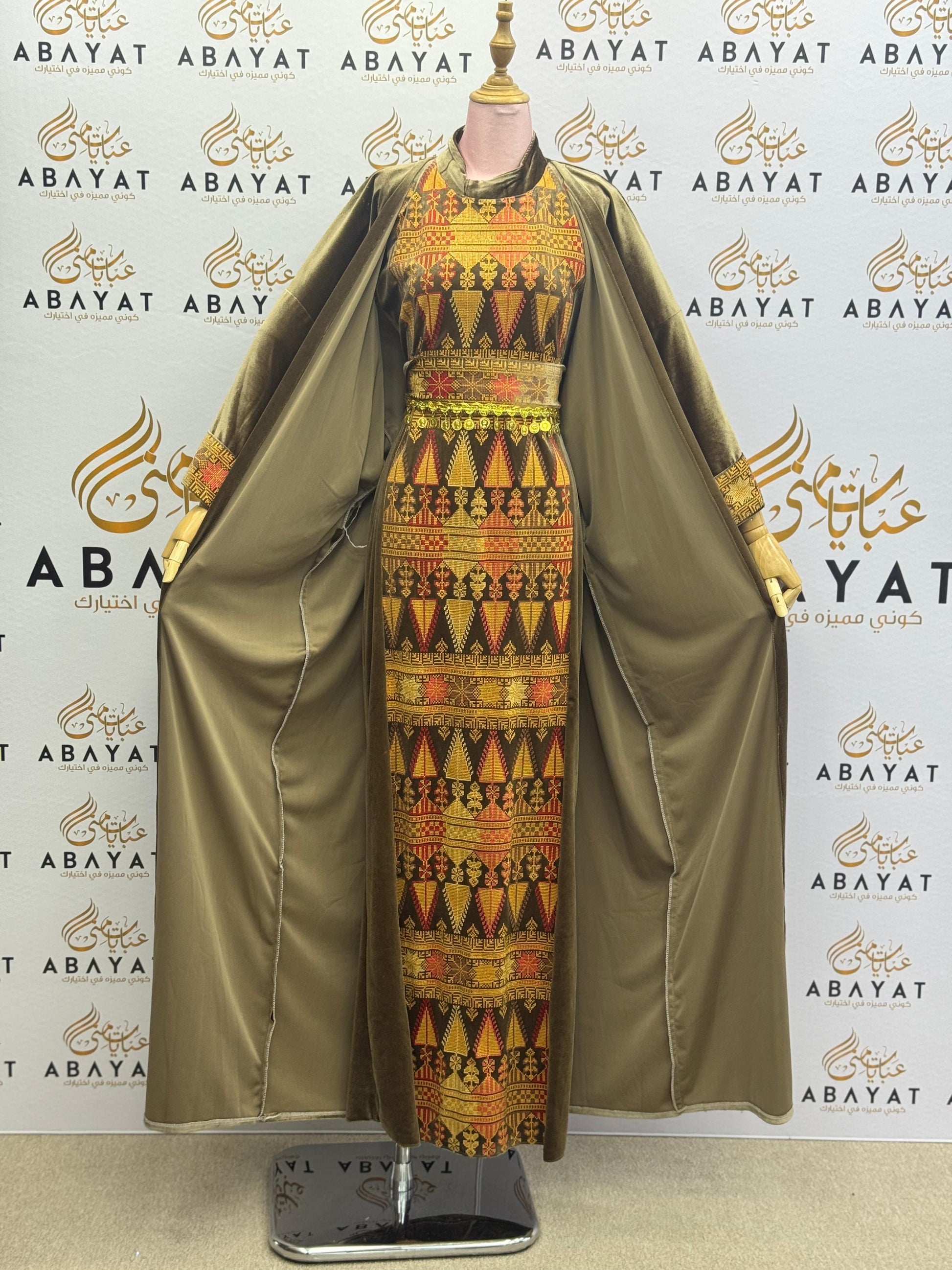 Olive Velvet Palestinian Thobe with Traditional Tatreez Embroidery A1968