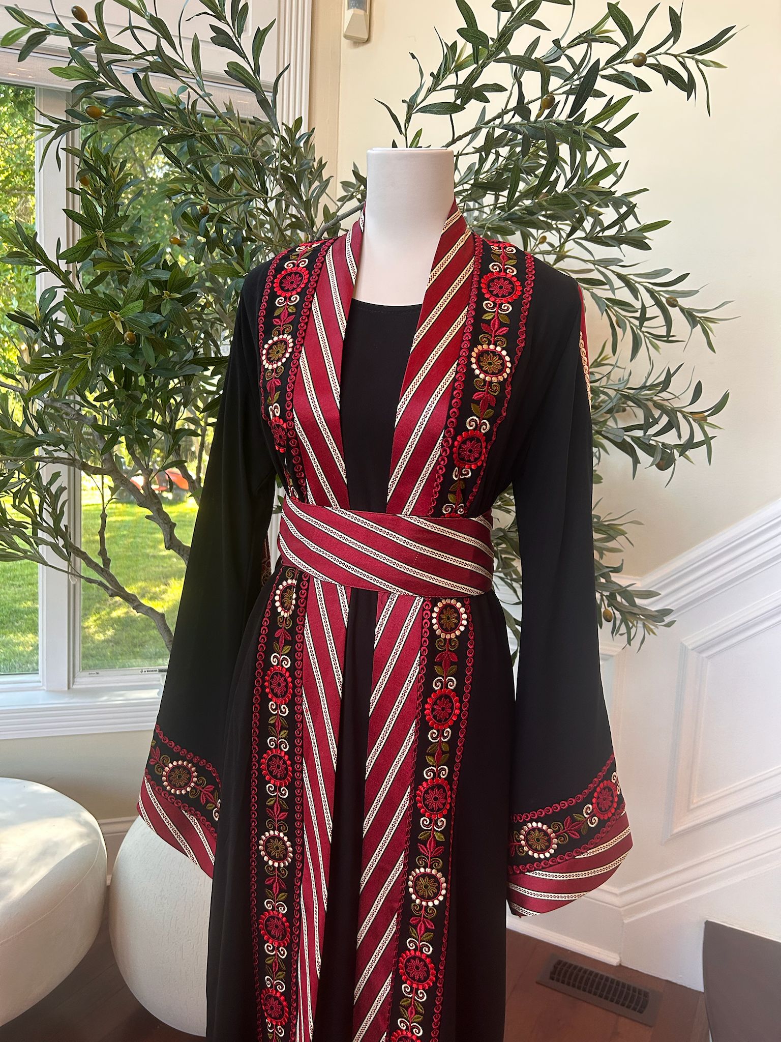 Traditional Black Embroidery Tatreez Red Thobe