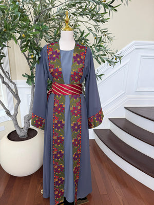 Grey Embroidery Floral Tatreez Thobe