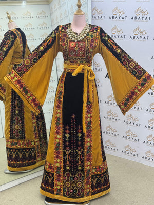 Premium Palestinian Malakah Velvet Thobe – Mustard Gold & Black Embroidery