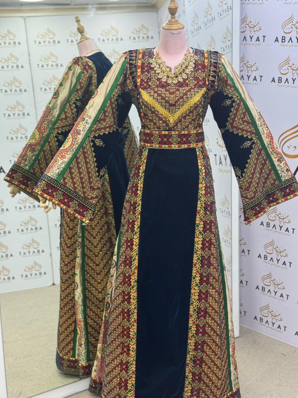 Premium Palestinian Velvet Thobe – Black & Olive Green Embroidery