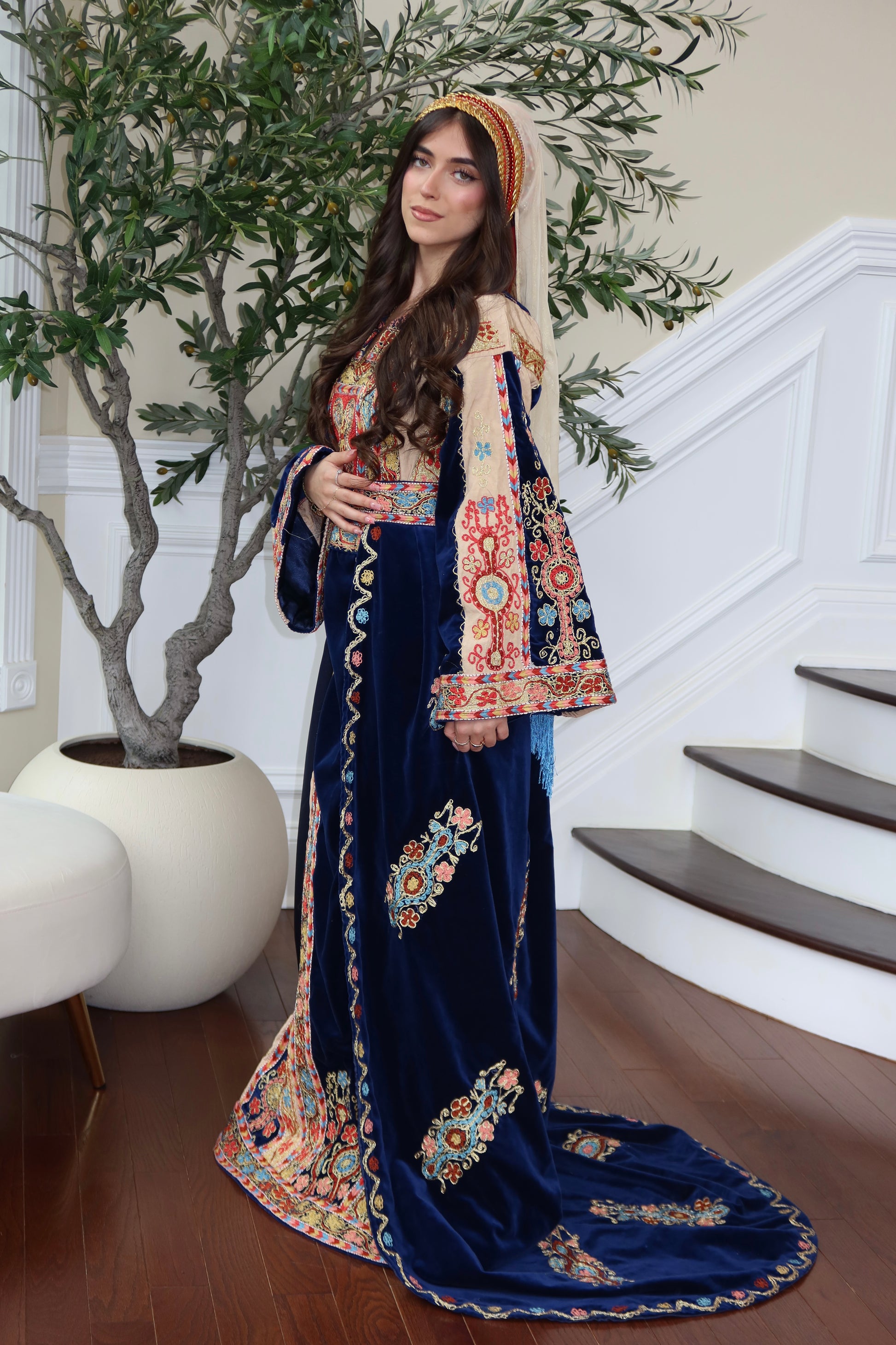 Royal Blue Malaka Handmade Thobe – Luxe Velvet & Intricate Tatreez Skirt and Khirka Shal included