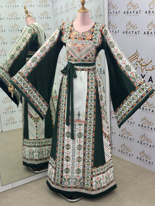 Emerald Green Palestinian Thobe – Mixed Fabric with Traditional Tatreez