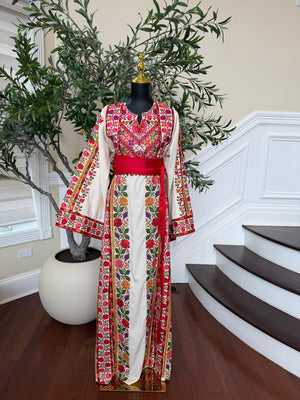 White Floral Embroidery Tatreez Thobe