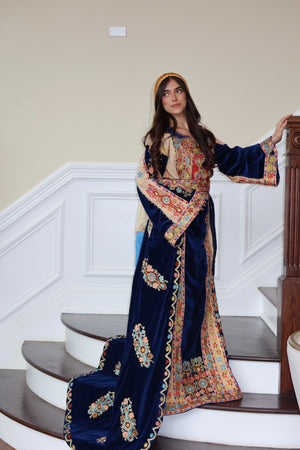 Royal Blue Malaka Handmade Thobe – Luxe Velvet & Intricate Tatreez Skirt and Khirka Shal included