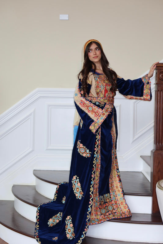 Royal Blue Malaka Handmade Thobe – Luxe Velvet & Intricate Tatreez Skirt and Khirka Shal included