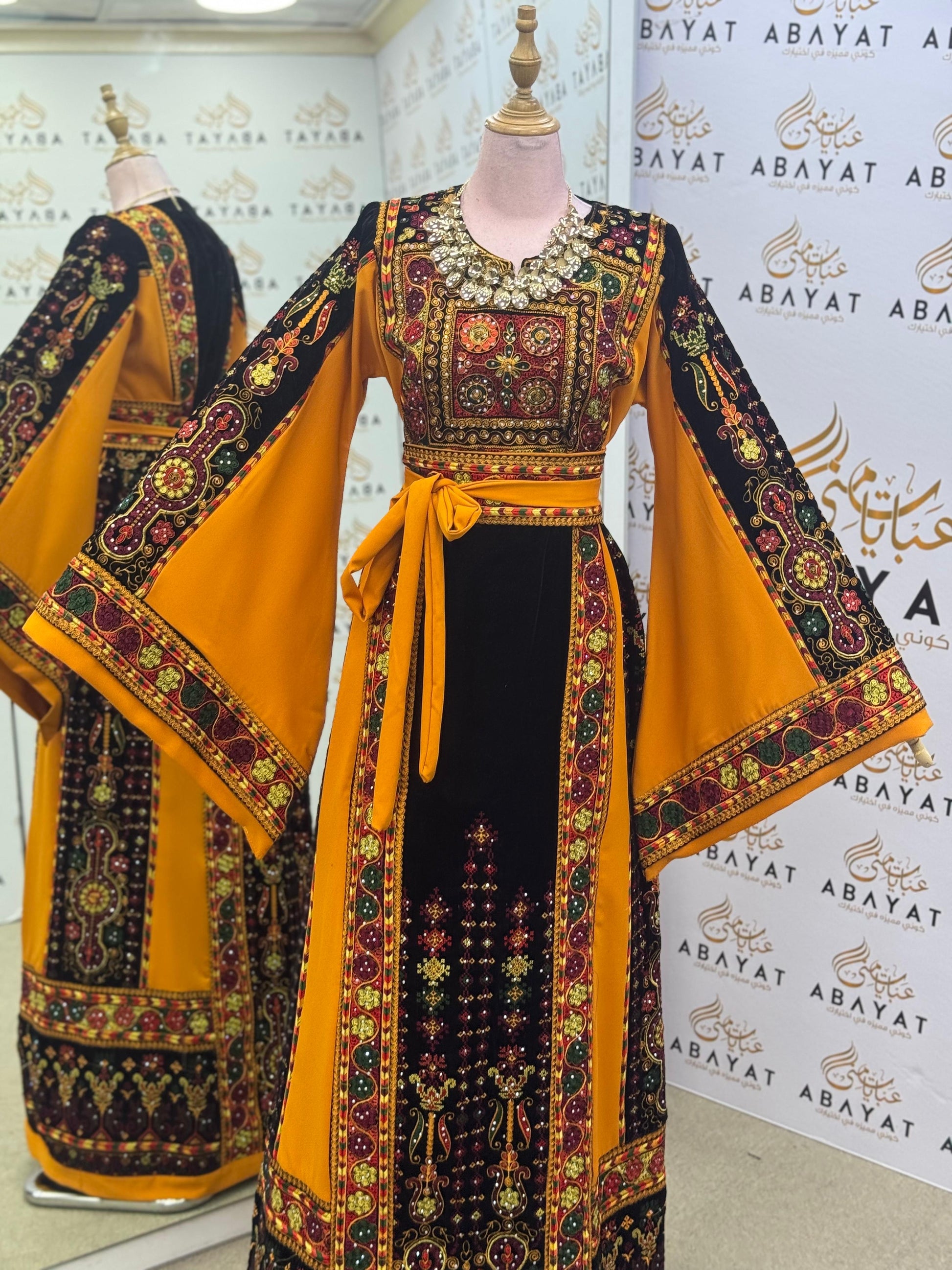 Premium Palestinian Malakah Thobe – Bright Mustard & Black Embroidery