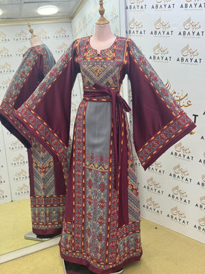 Luxury Palestinian Embroidered Thobe – Burgundy & Grey Traditional Design
