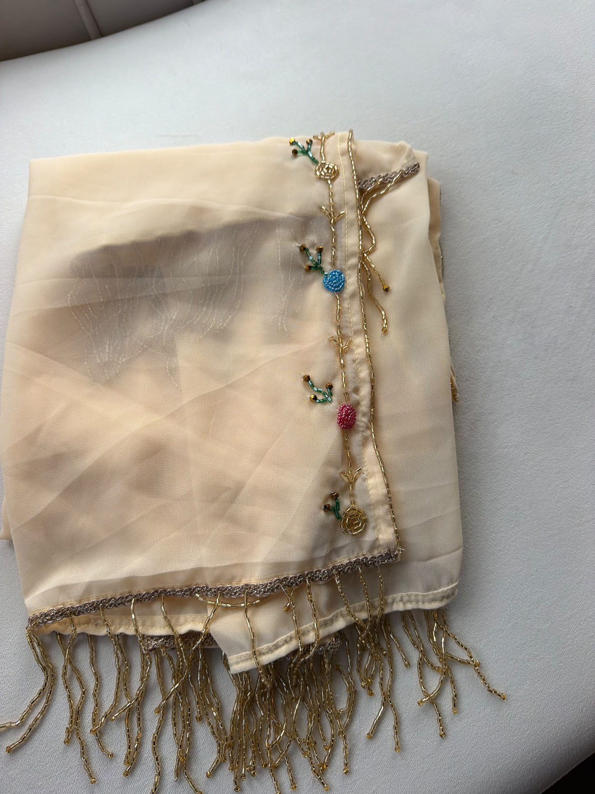 Elegant Cream Sheer Scarf with Delicate Beaded Embroidery and Gold Fringe