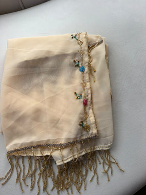 Elegant Cream Sheer Scarf with Delicate Beaded Embroidery and Gold Fringe