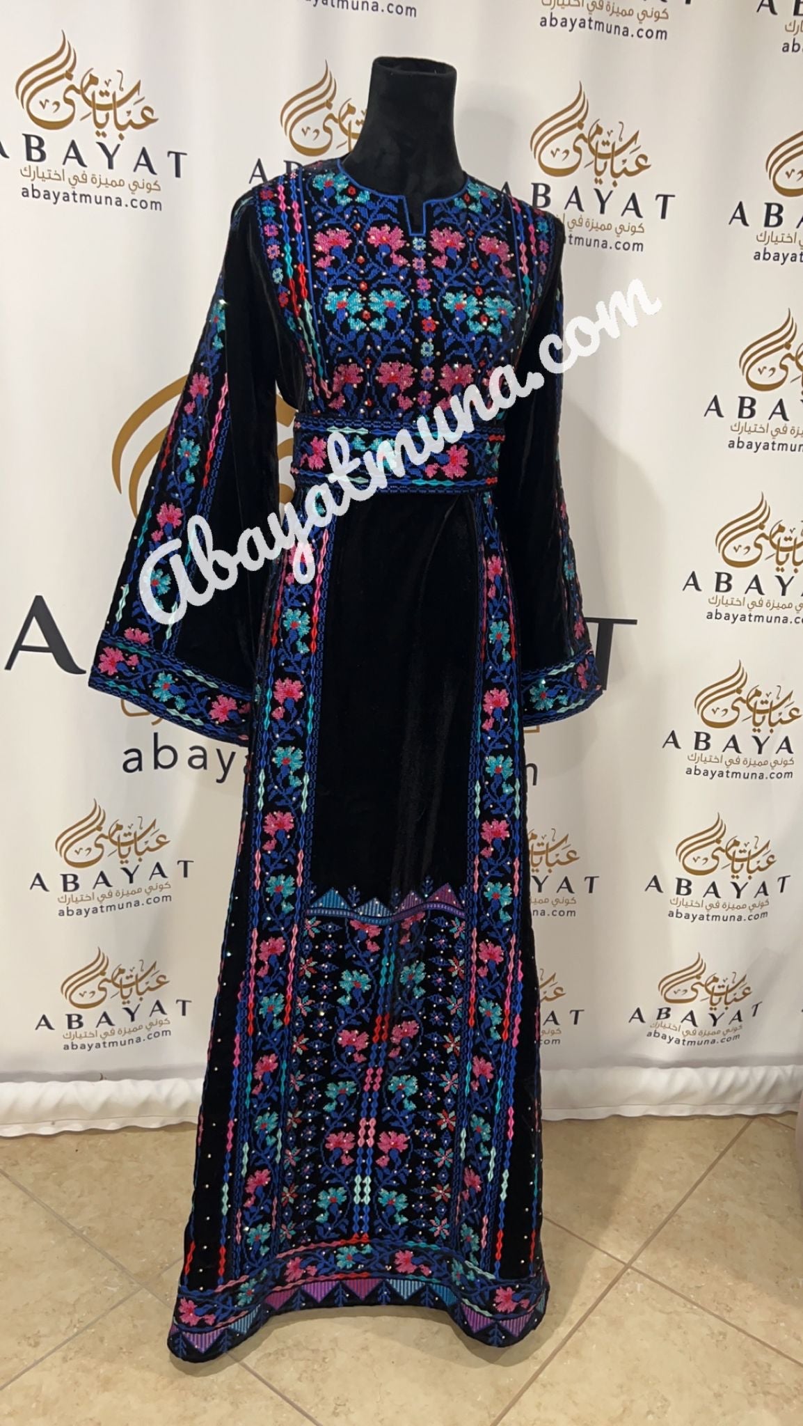 Black and Blue Embroidered Traditional Palestinian Thobe #9198729