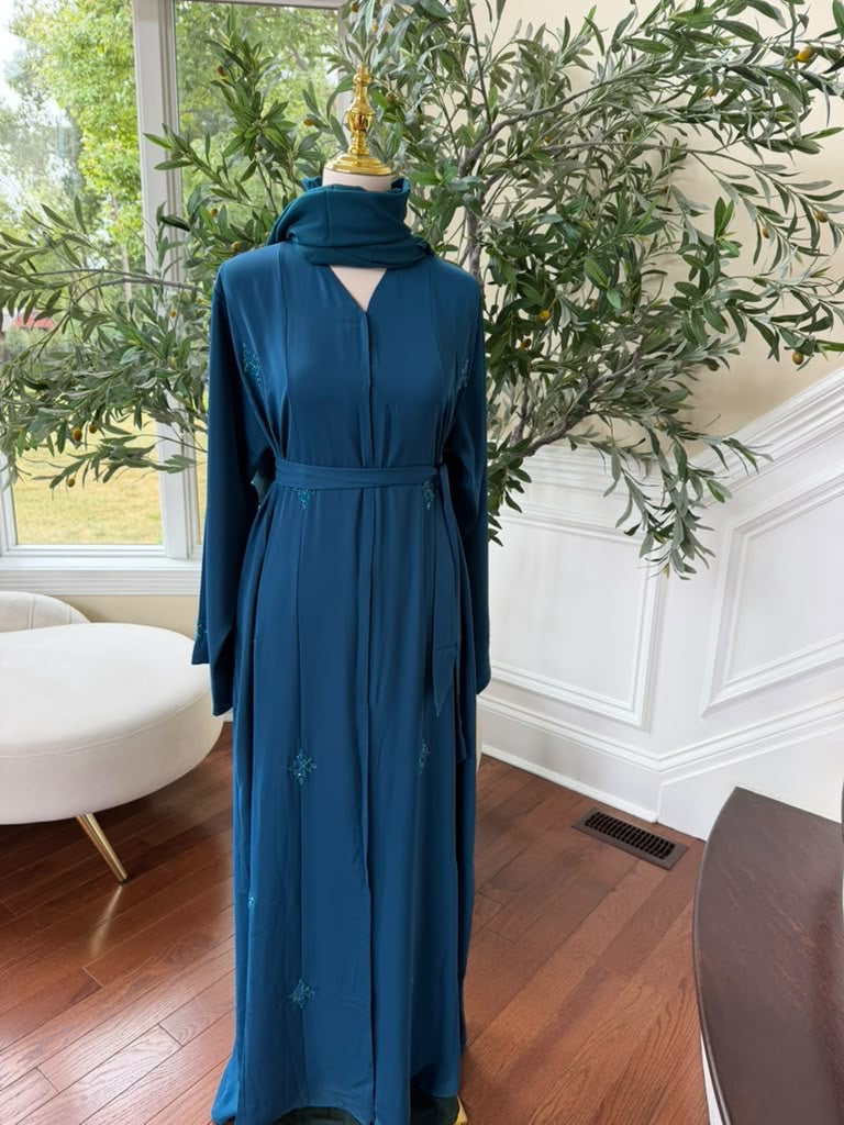Turquoise Nada Fabric Charm Beaded Elegance Abaya