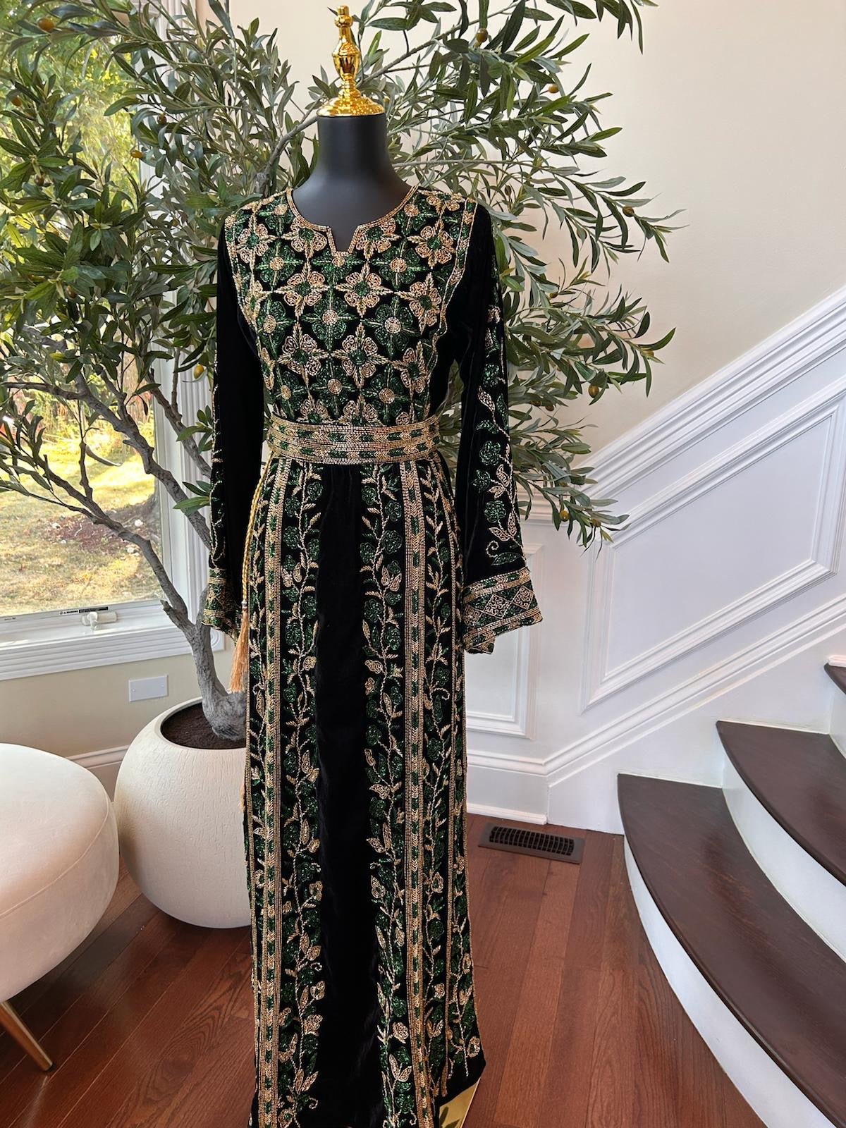 Black Velvet Golden Green Stone Thobe