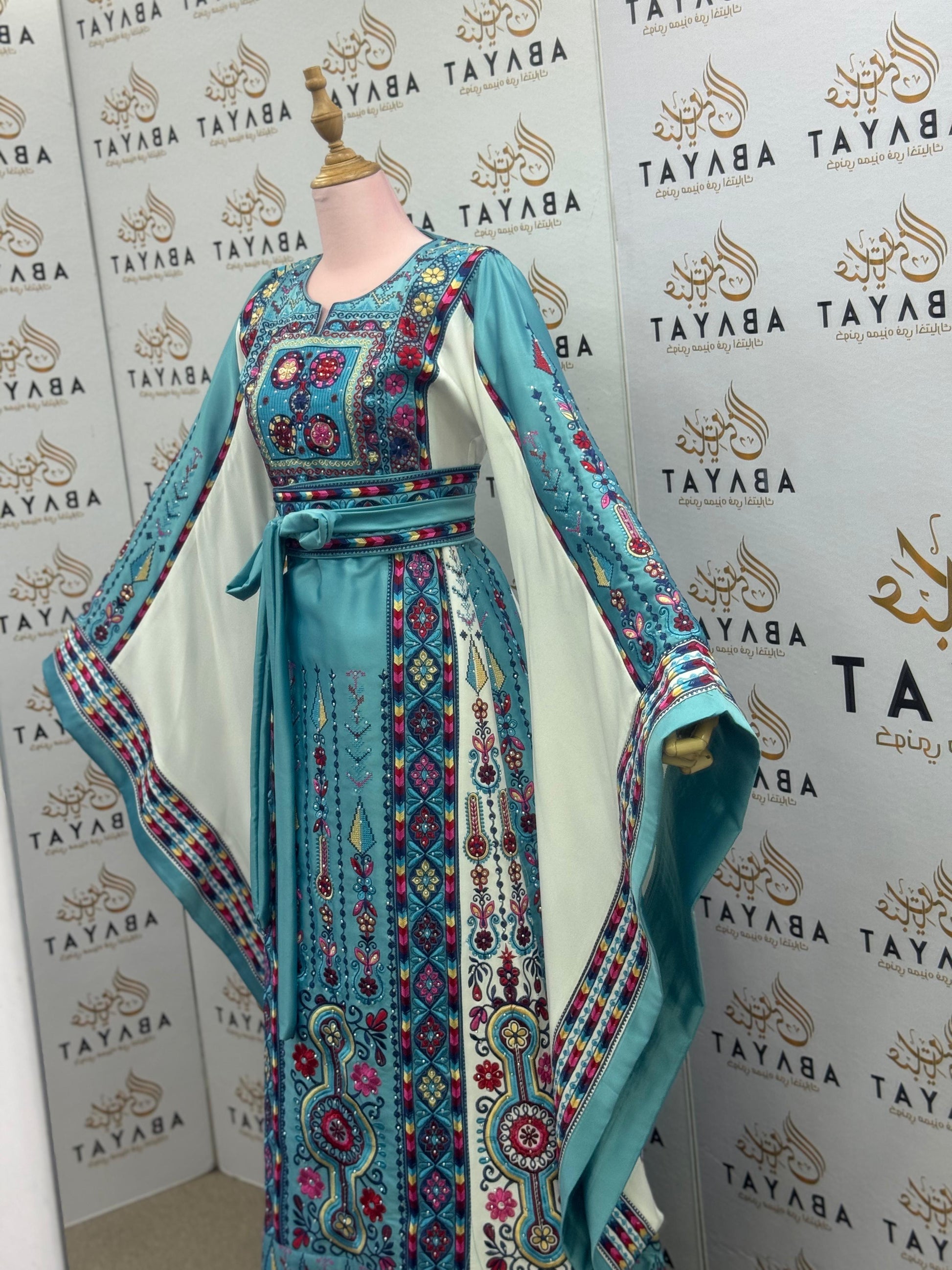 Turquoise & Fuchsia Palestinian Embroidered Thobe – Floral Heritage Design